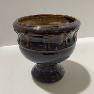 Hand Thrown Pottery Pedestal Planter Blue Glaze Chattering Texture 5.5"